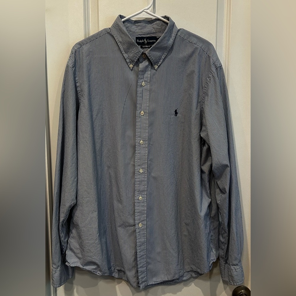 Ralph Lauren Custom Fit  Men's Navy Blue and White Striped Shirt